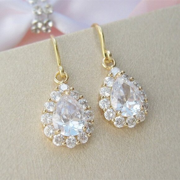 Jewelry - Gold CZ Diamond Earrings Teardrop Pierced Dangle Pear Cut Halo NWT Nadri Style